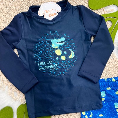 Linha Praia Blusa M/L e Sunga Hello Summer Jacaré - Marinho